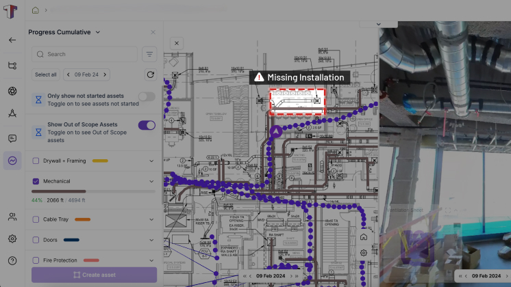 360 capture of a construction interior with exposed overhead framing, viewed in Track3D for construction progress tracking